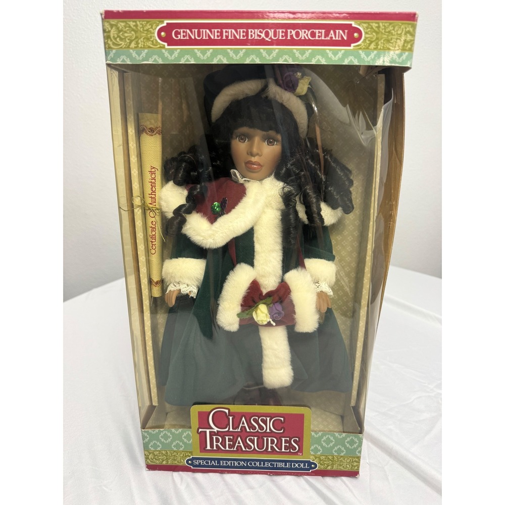 Classic Treasures Special Edition Bisque Porcelain Doll Green Velvet Winter Coat